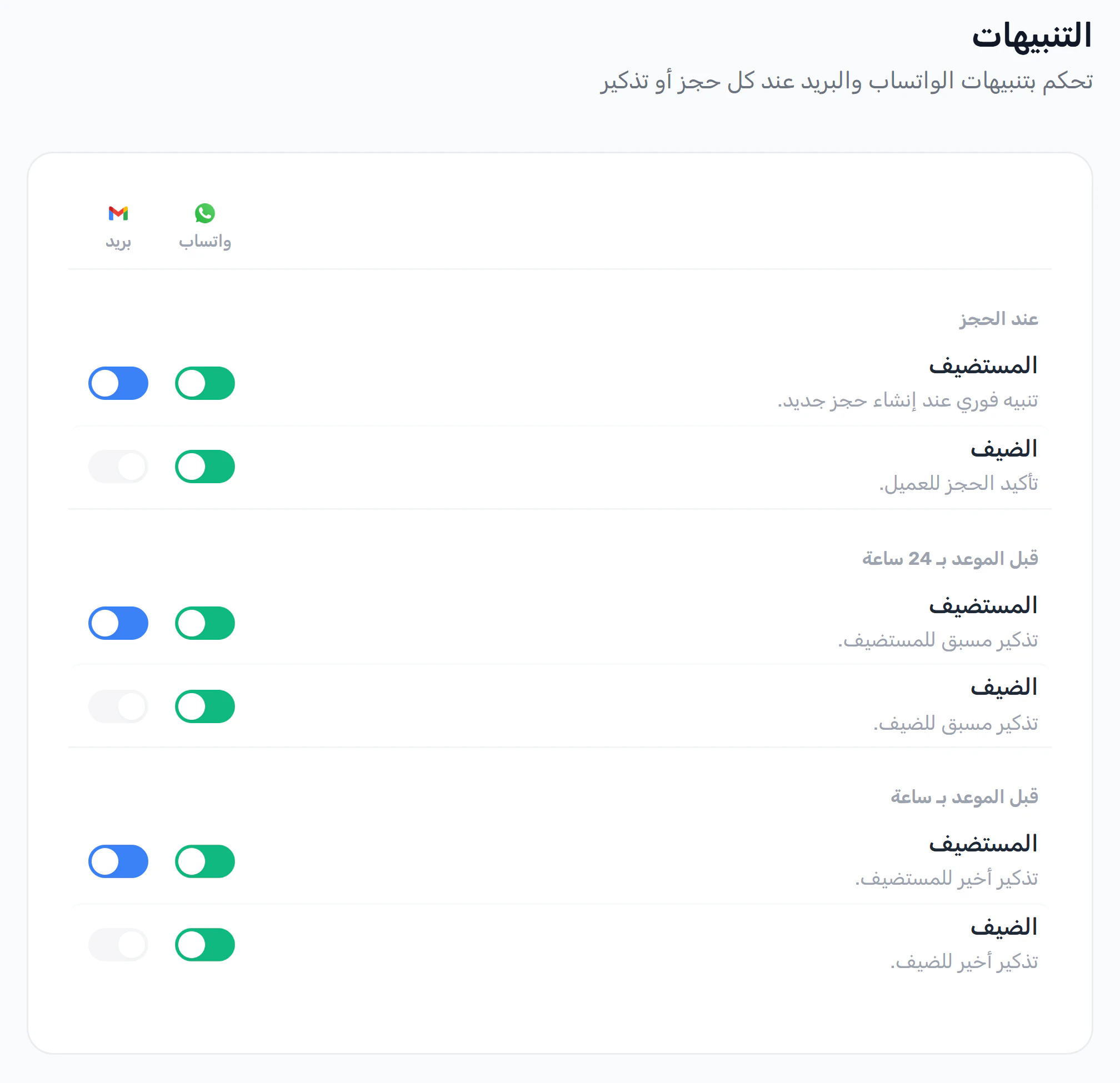 إعدادات تنبيهات واتساب والبريد في توقيتي: تأكيد الحجز وتذكير قبل الموعد بـ 24 ساعة وبساعة